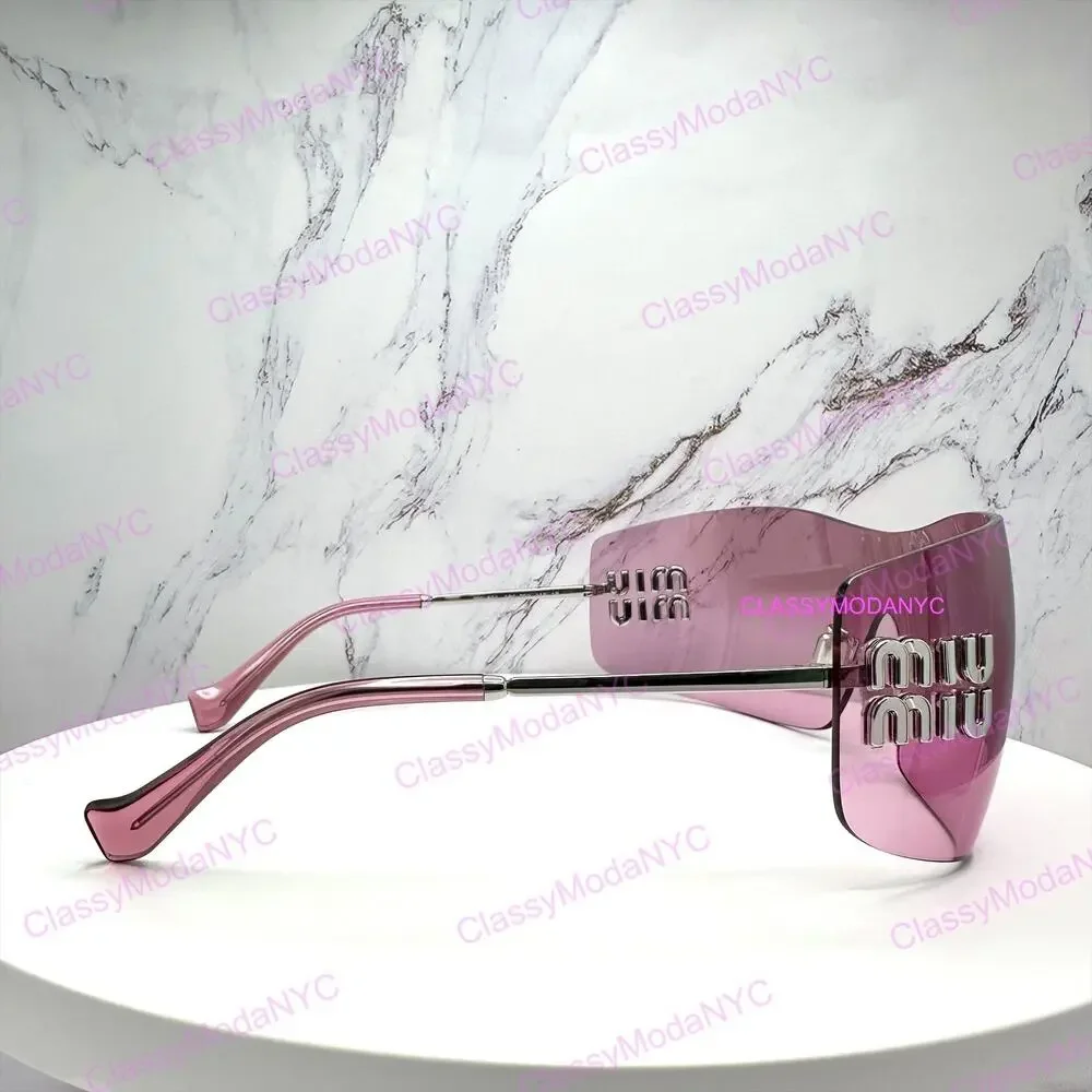 New MIU MIU Sunglasses Aube Silver Pink Mirror Rimless Wrap Authentic Womens